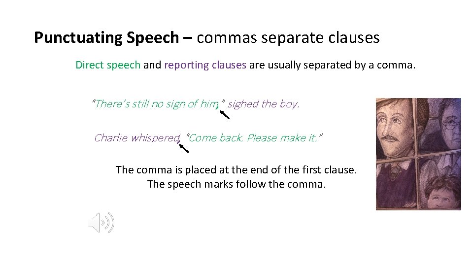 Punctuating Speech – commas separate clauses Direct speech and reporting clauses are usually separated