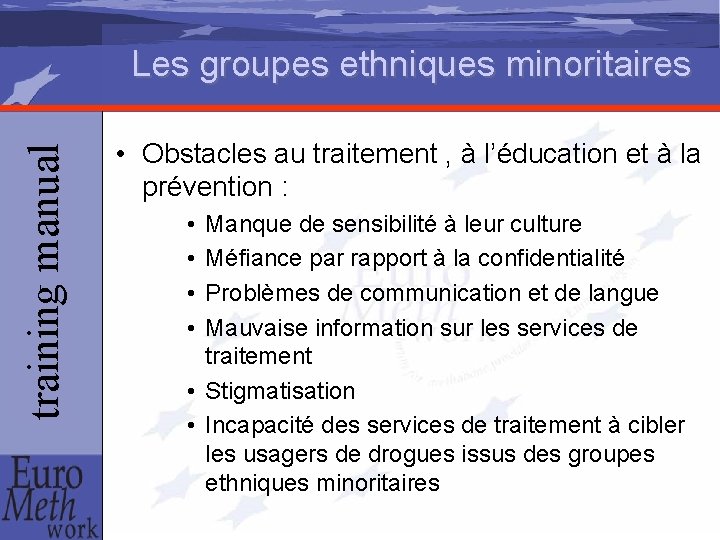 training manual Les groupes ethniques minoritaires • Obstacles au traitement , à l’éducation et