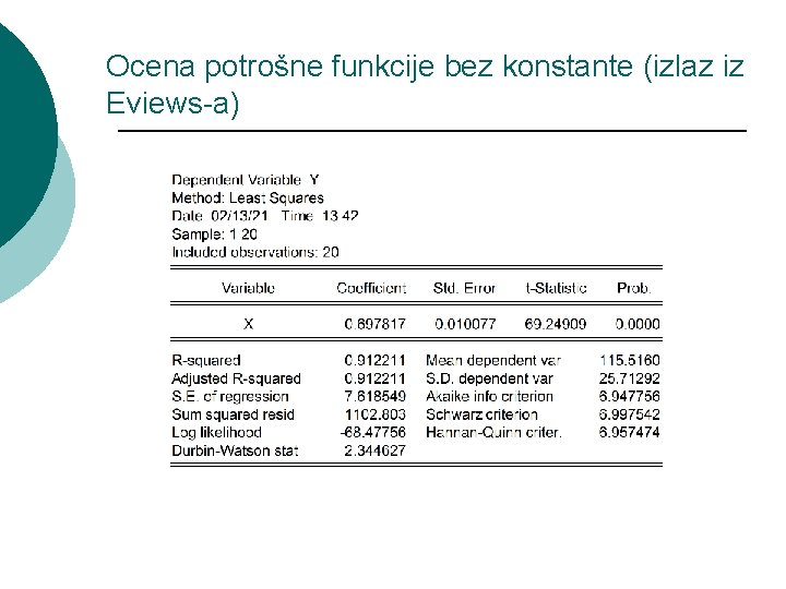 Ocena potrošne funkcije bez konstante (izlaz iz Eviews-a) 