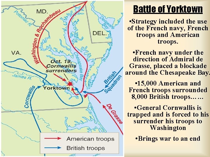 Battle of Yorktown • Strategy included the use of the French navy, French troops