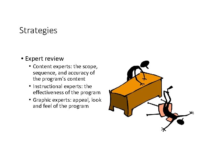 Strategies • Expert review • Content experts: the scope, sequence, and accuracy of the