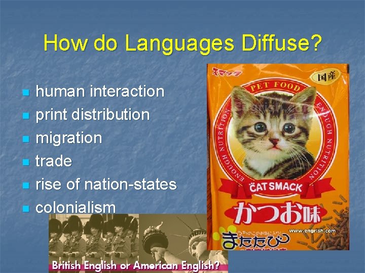 How do Languages Diffuse? n n n human interaction print distribution migration trade rise