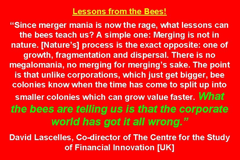 Lessons from the Bees! “Since merger mania is now the rage, what lessons can