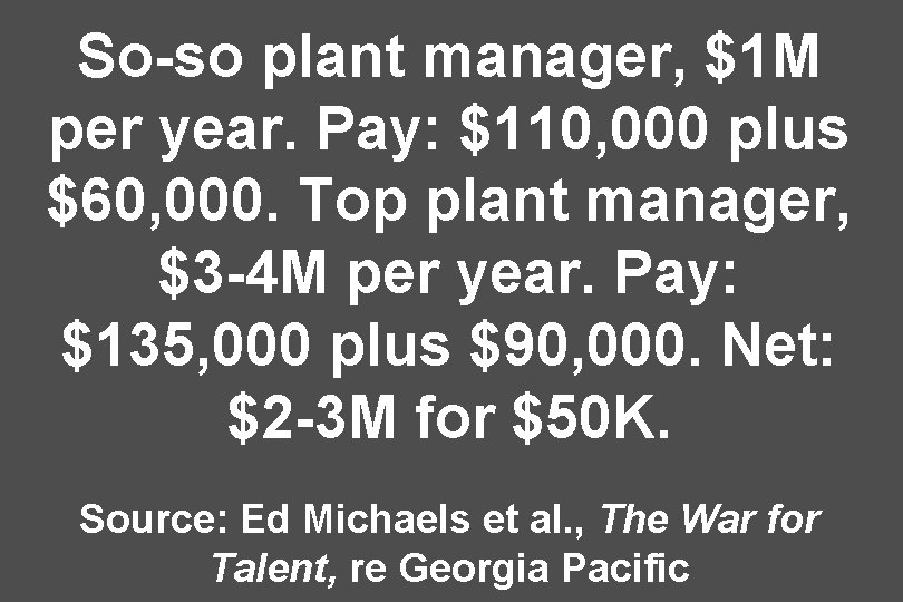 So-so plant manager, $1 M per year. Pay: $110, 000 plus $60, 000. Top