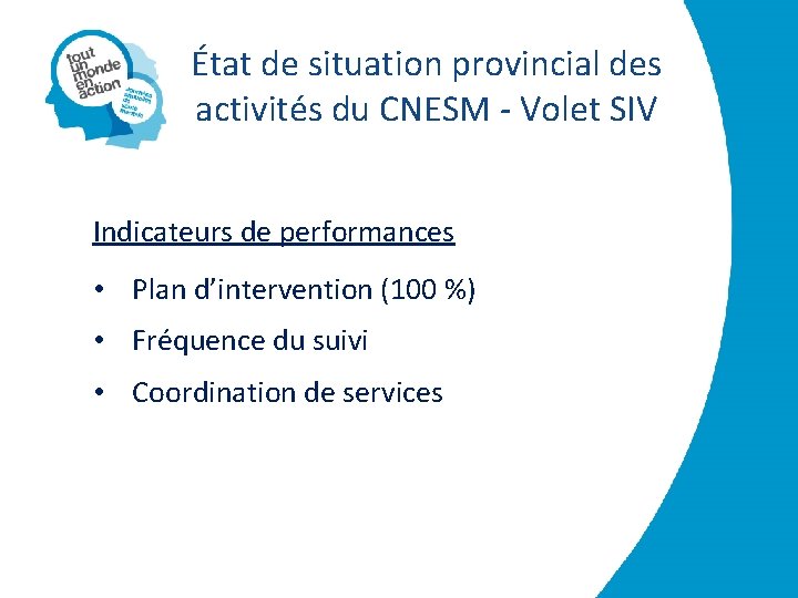 État de situation provincial des activités du CNESM - Volet SIV Indicateurs de performances