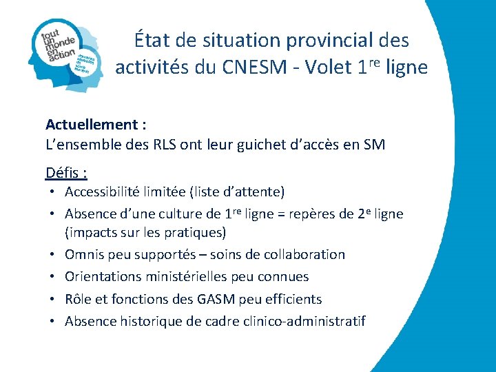 État de situation provincial des activités du CNESM - Volet 1 re ligne Actuellement