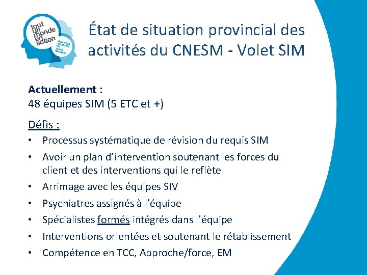 État de situation provincial des activités du CNESM - Volet SIM Actuellement : 48