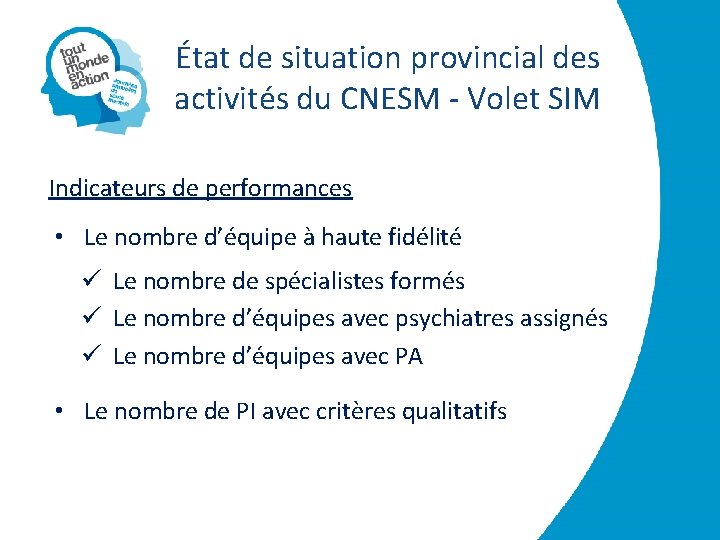 État de situation provincial des activités du CNESM - Volet SIM Indicateurs de performances