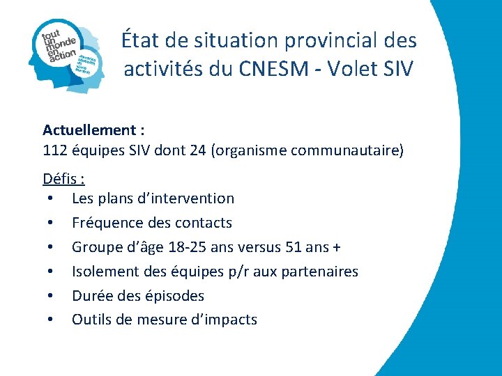 État de situation provincial des activités du CNESM - Volet SIV Actuellement : 112