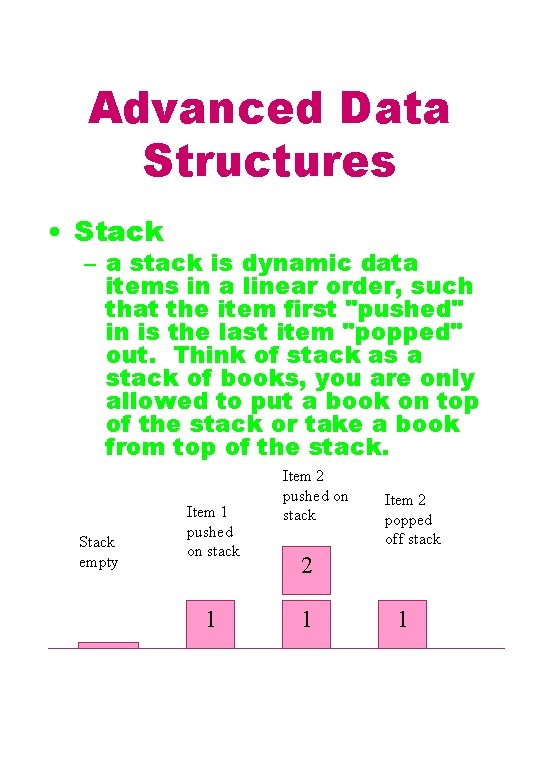 Advanced Data Structures • Stack – a stack is dynamic data items in a