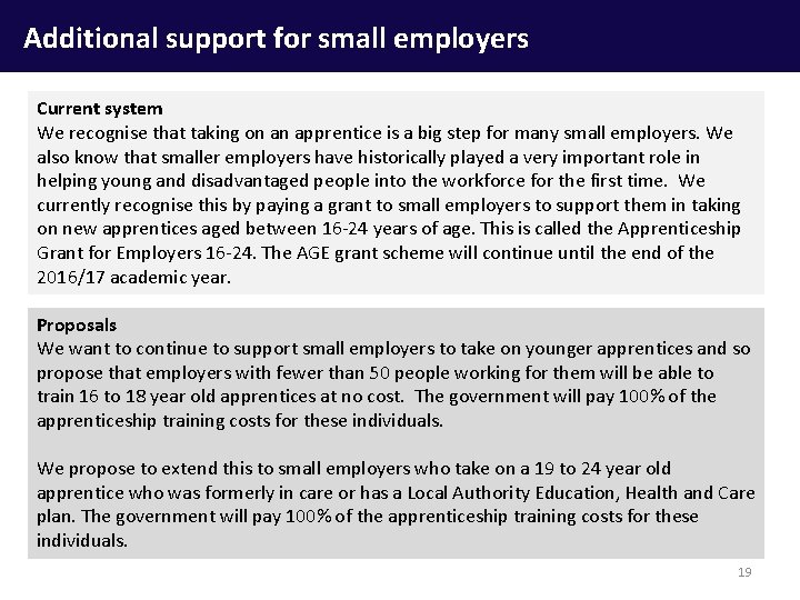 Additional support for small employers Current system We recognise that taking on an apprentice