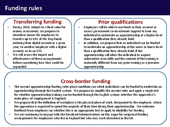 Funding rules Transferring funding During 2018, subject to a final value for money assessment,