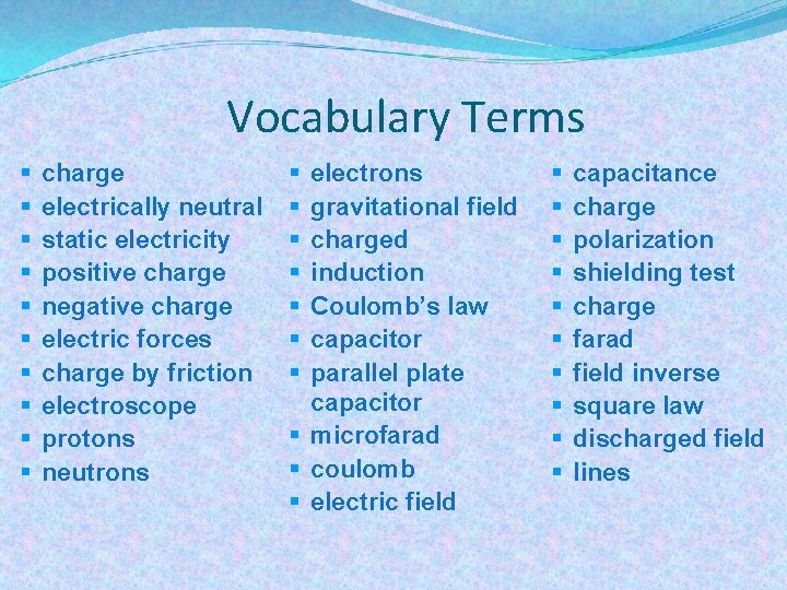 Vocabulary Terms § § § § § charge electrically neutral static electricity positive charge