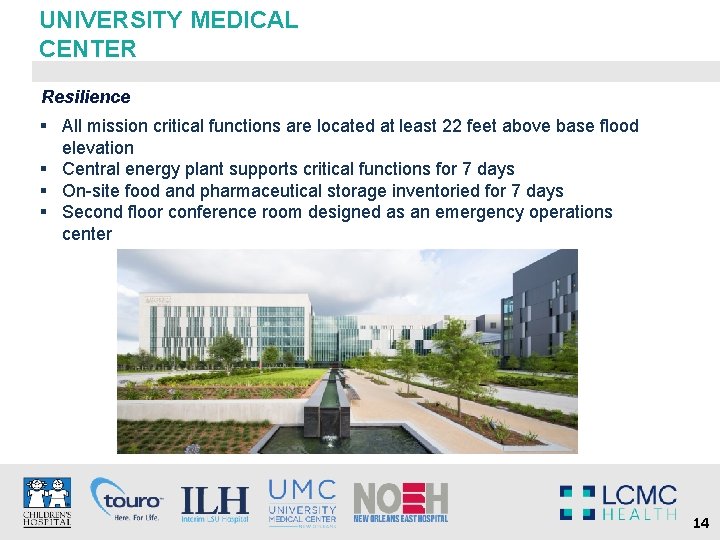 UNIVERSITY MEDICAL CENTER Resilience § All mission critical functions are located at least 22