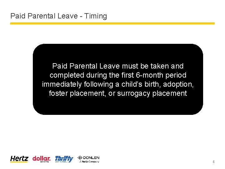 Paid Parental Leave - Timing Paid Parental Leave must be taken and completed during