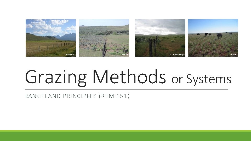 J. Peterson J. Hinson K. Launchbaugh C. White Grazing Methods or Systems RANGELAND PRINCIPLES