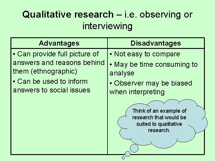 Qualitative research – i. e. observing or interviewing Advantages Disadvantages • Can provide full