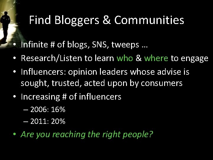 Find Bloggers & Communities • Infinite # of blogs, SNS, tweeps … • Research/Listen