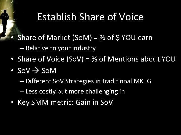 Establish Share of Voice • Share of Market (So. M) = % of $