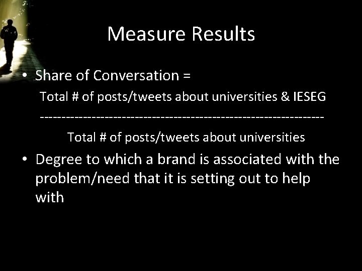 Measure Results • Share of Conversation = Total # of posts/tweets about universities &