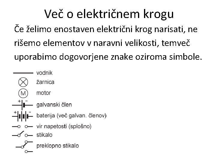 Več o električnem krogu Če želimo enostaven električni krog narisati, ne rišemo elementov v