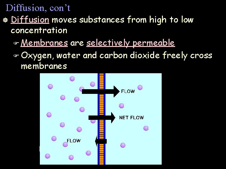 Diffusion, con’t ] Diffusion moves substances from high to low concentration F Membranes are
