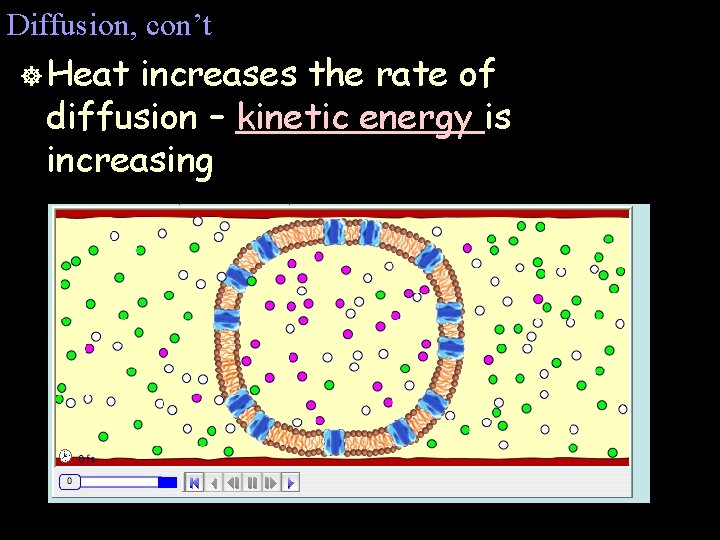 Diffusion, con’t ] Heat increases the rate of diffusion – kinetic energy is increasing