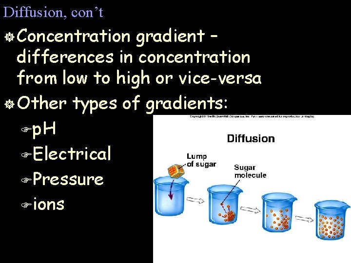 Diffusion, con’t ] Concentration gradient – differences in concentration from low to high or