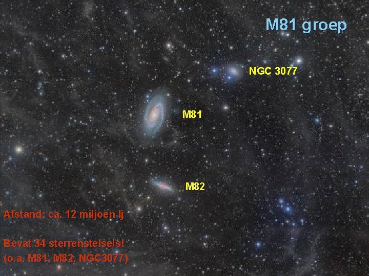 M 81 groep NGC 3077 M 81 M 82 Afstand: ca. 12 miljoen lj