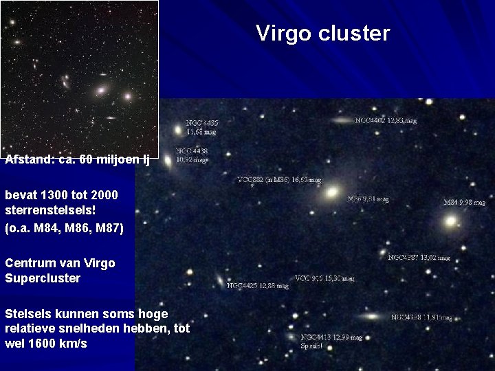 Virgo cluster Afstand: ca. 60 miljoen lj bevat 1300 tot 2000 sterrenstelsels! (o. a.