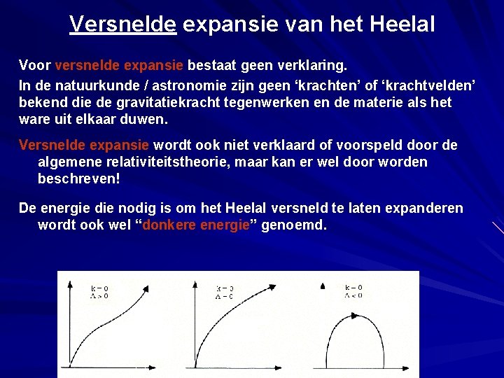 Versnelde expansie van het Heelal Voor versnelde expansie bestaat geen verklaring. In de natuurkunde