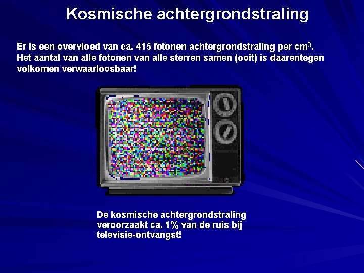 Kosmische achtergrondstraling Er is een overvloed van ca. 415 fotonen achtergrondstraling per cm 3.