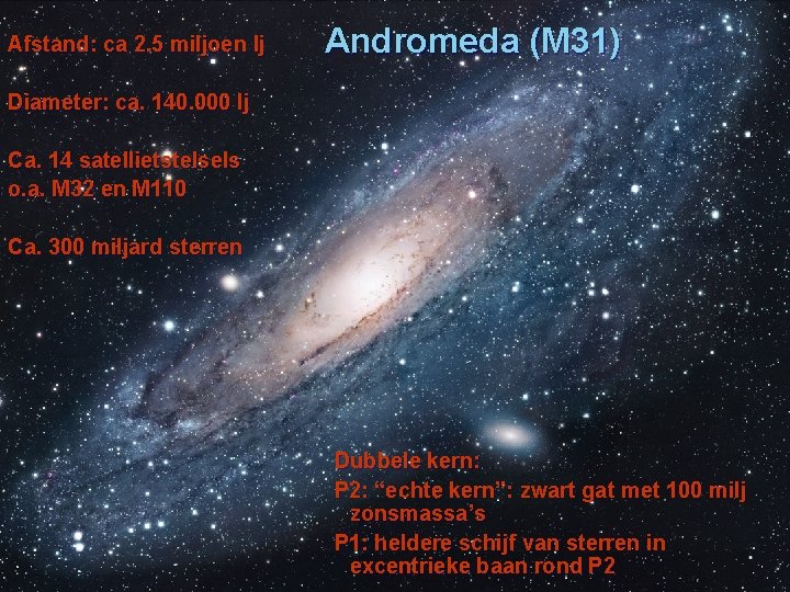 Afstand: ca 2. 5 miljoen lj Andromeda (M 31) Diameter: ca. 140. 000 lj