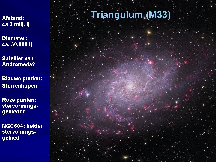 Afstand: ca 3 milj. lj Diameter: ca. 50. 000 lj Satelliet van Andromeda? Blauwe