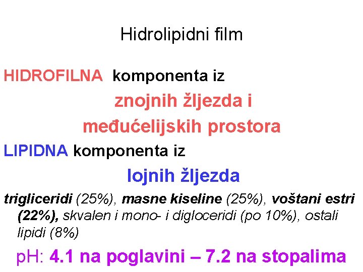 Hidrolipidni film HIDROFILNA komponenta iz znojnih žljezda i međućelijskih prostora LIPIDNA komponenta iz lojnih