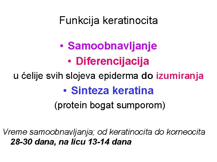 Funkcija keratinocita • Samoobnavljanje • Diferencija u ćelije svih slojeva epiderma do izumiranja •