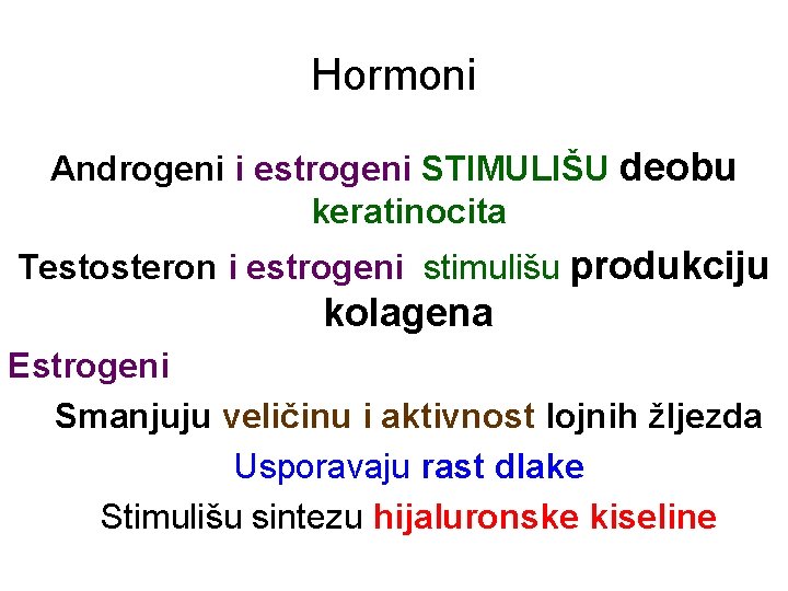 Hormoni Androgeni i estrogeni STIMULIŠU deobu keratinocita Testosteron i estrogeni stimulišu produkciju kolagena Estrogeni