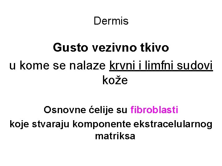 Dermis Gusto vezivno tkivo u kome se nalaze krvni i limfni sudovi kože Osnovne