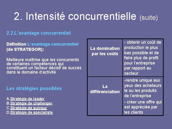 2. Intensité concurrentielle (suite) 2. 2. L’avantage concurrentiel Définition L‘avantage concurrentiel (de STRATEGOR): La