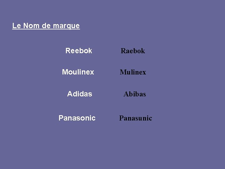Le Nom de marque Reebok Raebok Moulinex Mulinex Adidas Abibas Panasonic Panasunic 