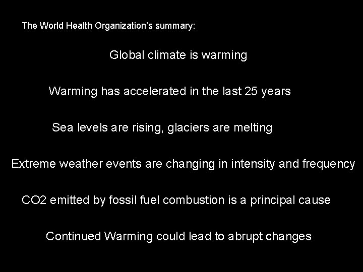 The World Health Organization’s summary: Global climate is warming Warming has accelerated in the