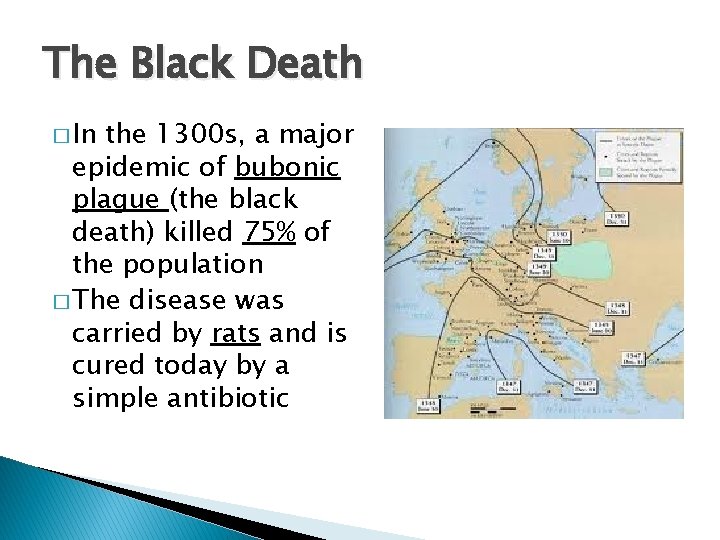 The Black Death � In the 1300 s, a major epidemic of bubonic plague