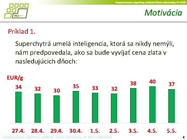 Motivácia Príklad 1. Superchytrá umelá inteligencia, ktorá sa nikdy nemýli, nám predpovedala, ako sa