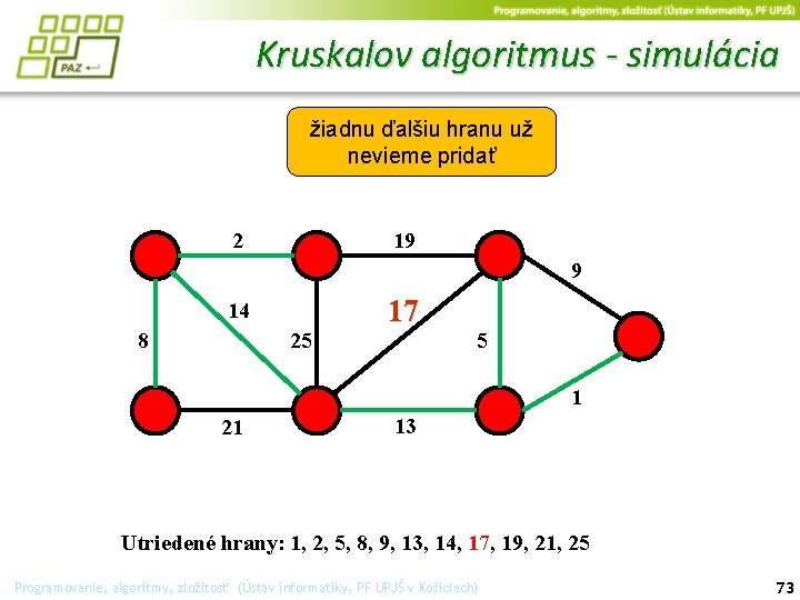 Kruskalov algoritmus - simulácia žiadnu ďalšiu hranu už nevieme pridať 2 19 9 14