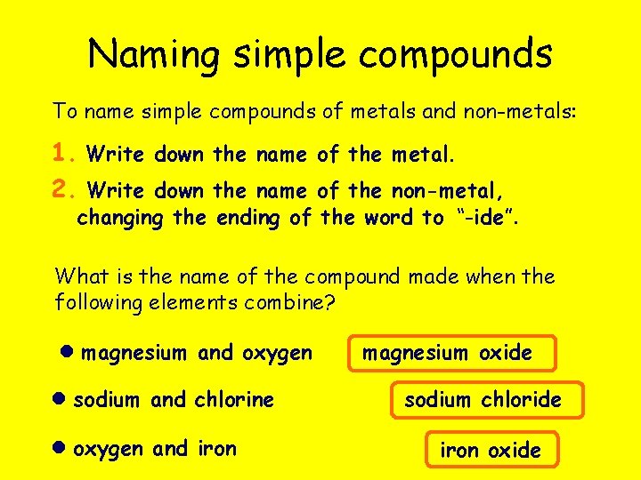 Naming simple compounds To name simple compounds of metals and non-metals: 1. Write down