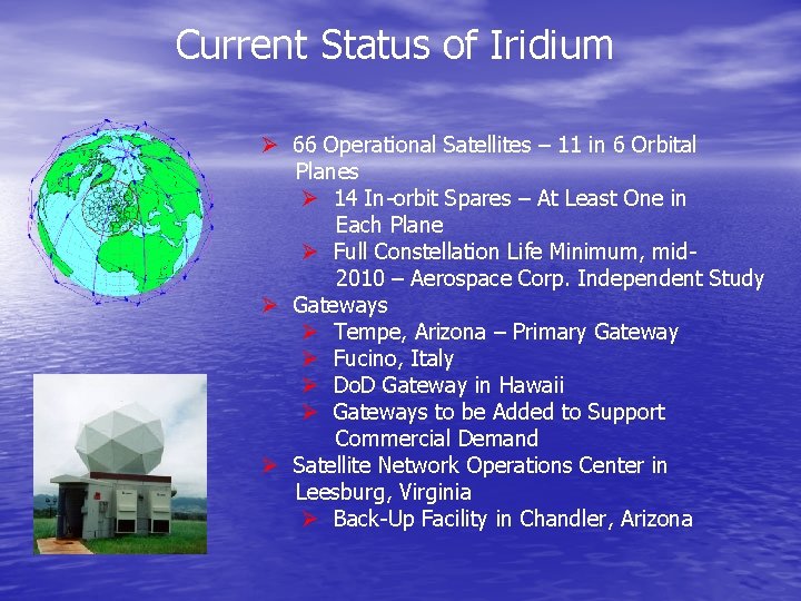 Current Status of Iridium Ø 66 Operational Satellites – 11 in 6 Orbital Planes