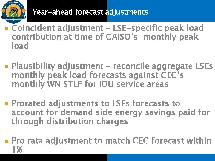 Year-ahead forecast adjustments Coincident adjustment – LSE-specific peak load contribution at time of CAISO’s