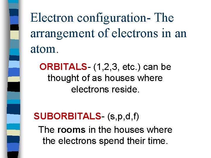Electron configuration- The arrangement of electrons in an atom. ORBITALS- (1, 2, 3, etc.