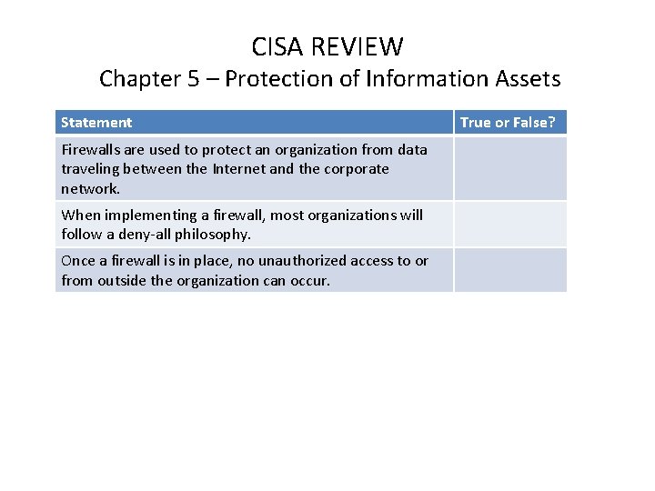 CISA REVIEW Chapter 5 – Protection of Information Assets Statement Firewalls are used to