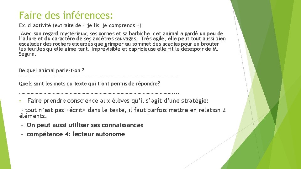 Faire des inférences: Ex. d’activité (extraite de « je lis, je comprends » ):